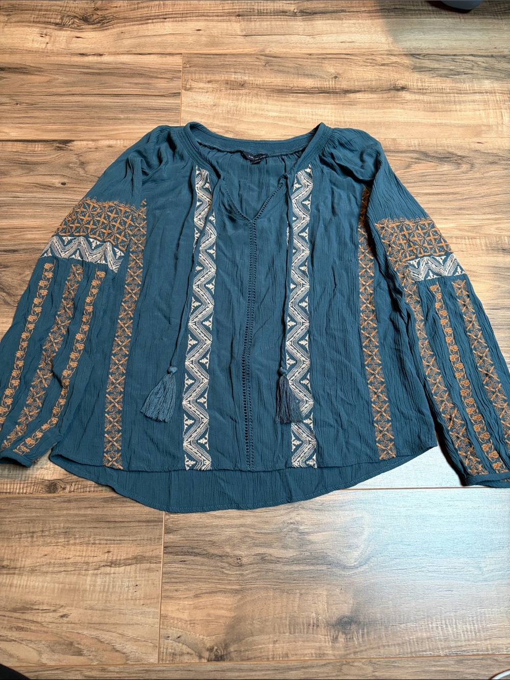 AE Embroidered Teal Blouse with Tassel Tie